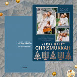 Carte De Vœux En Aluminium Merry Happy Chrismukkah Chic 3 Photo Rose Gold<br><div class="desc">Des cartes de voeux photo personnalisées imprimées avec du papier or rose ajoutent une touche de luxe à vos mailings de vacances. Facile à customiser, il suffit d'ajouter vos trois photos où elles se chevauchent légèrement avec des bordures d'or rose minces. Éditez l'année en haut et votre nom et un...</div>
