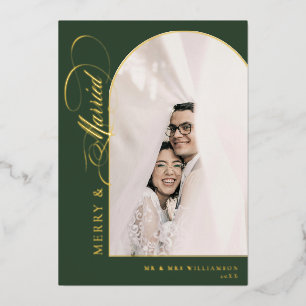 Carte De Vœux En Aluminium Merry & Married Elegant Script Green Arch Photo