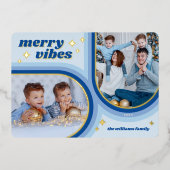 Carte De Vœux En Aluminium Merry Vibes Retro Arch Photo Blue and Gold (Recto)