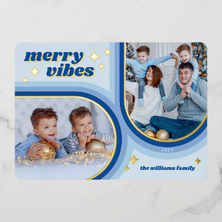 Carte De Vœux En Aluminium Merry Vibes Retro Arch Photo Blue and Gold