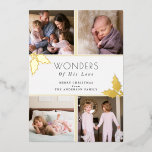 Carte De Vœux En Aluminium Merveilles de son amour 4 Photos Noël Gold Foil H<br><div class="desc">Cette carte de Noël à quatre photos à plat présente un design simpliste. Le texte "Merveilles de son Amour" apparaît sur un arrière - plan blanc accentué par des feuilles sacrés en feuille d'or. Le texte personnalisé, à l'arrière, vous permet d'ajouter votre propre message personnel. Photographie © Storytree Studios, Stanford,...</div>