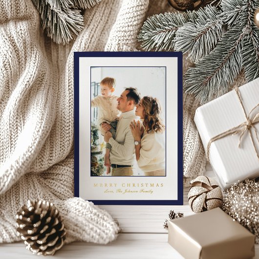 Carte De Vœux En Aluminium Minimal Blue Border Photo Elegant Christmas