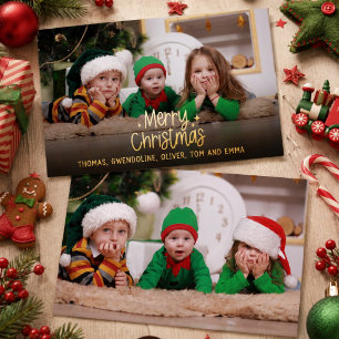 Carte De Vœux En Aluminium Minimal Joyeux Noël Deux Photo Famille Or