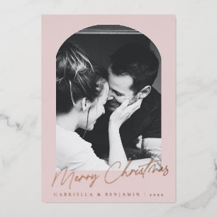Carte De Vœux En Aluminium Minimaliste Arc Rose Deux Photos Noël Or Rose