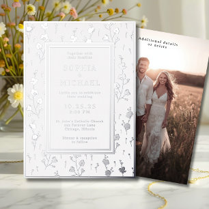 Carte De Vœux En Aluminium Modèle floral Faire-part de mariage argent blanc