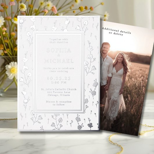 Carte De Vœux En Aluminium Modèle floral Faire-part de mariage argent blanc