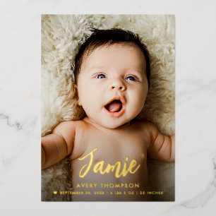 Carte De Vœux En Aluminium Modèle moderne Baby Name Brush script personnalisé