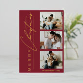 Carte De Vœux En Aluminium Modern 3 Photo Minimalist Red Christmas Script (Debout devant)