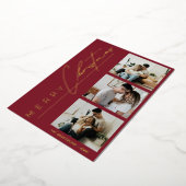 Carte De Vœux En Aluminium Modern 3 Photo Minimalist Red Christmas Script (Rotation)