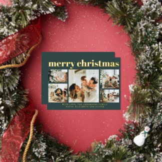 Carte De Vœux En Aluminium Modern Black Photo Collage Minimal Green Christmas