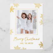 Carte De Vœux En Aluminium Modern Fun Snowflakes Merry Christmas Script Photo (Recto)