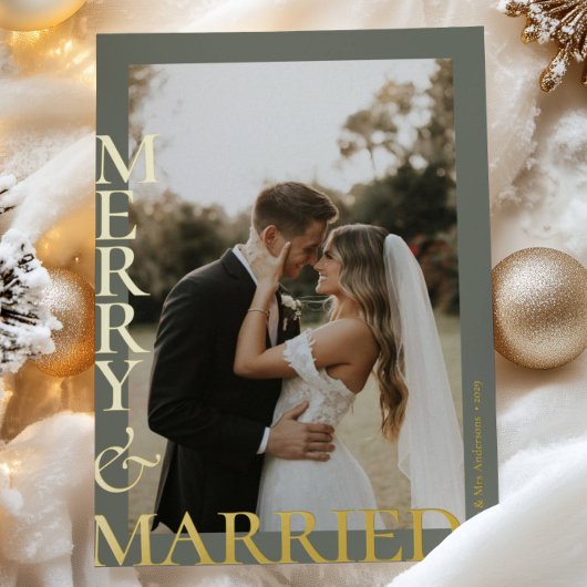 Carte De Vœux En Aluminium Modern Gold Sage Green Merry Married Photos Script