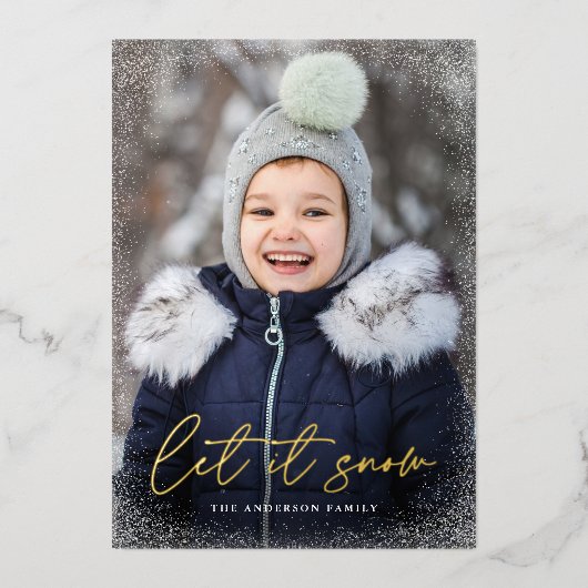 Carte De Vœux En Aluminium Modern Let it Snow Script Photo (Recto)