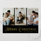 Carte De Vœux En Aluminium Modern Script 3 Photo Collage Merry Christmas (Recto)