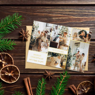 Carte De Vœux En Aluminium Modern White Gold Photo Collage Merry Christmas