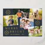 Carte De Vœux En Aluminium Moderne 5 photo collage or flocons de neige Noël<br><div class="desc">Simple design tendance 5 photos personnalisées, typographie chic, et vrais flocons de neige en feuille d'or Merry & Bright bleu marine foncé luxe élégant en feuille d'or modèle. Facile à personnaliser avec vos photos et votre nom de famille. Veuillez noter que vous pouvez choisir la couleur de FOIL : OR,...</div>