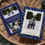 Carte De Vœux En Aluminium Moderne Bleu Jaune Menorah Étoiles 3 Photos Hanouk<br><div class="desc">Célébrez l'Hanoukka dans le style avec ce carte photo moderne avec une menorah chic et motif étoile dans les tons bleu intemporels. Accentué de véritable feuille d'or pour une touche festive et élégante. L'avant présente votre photo de famille verticale ou de couple préférée dans un cadre blanc propre. L'arrière comprend...</div>
