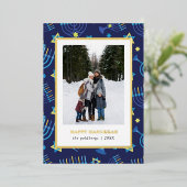 Carte De Vœux En Aluminium Moderne Bleu Jaune Menorah Étoiles 3 Photos Hanouk (Debout devant)