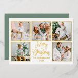 Carte De Vœux En Aluminium Moderne Fun Calliage 5 Photo Sage Vert Or<br><div class="desc">Moderne Fun Calligraphy Gold Foil Script 5 Photo Famille Collage de photos Joyeux Noël Card - Vos photos dans les cadres Gold Foil avec un Sage Vert dos</div>