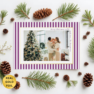 Carte De Vœux En Aluminium Moderne Photo de Noël aux Rayures de Prune en Or
