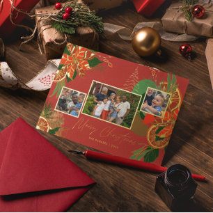 Carte De Vœux En Aluminium Moderne Poinsettia & Verdure Photo de Noël