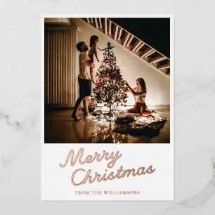 Carte De Vœux En Aluminium Moderne Script Photo Rose Gold Noël Blanc
