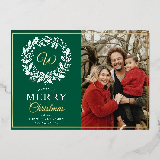 Carte De Vœux En Aluminium Monogram Green Wreath Joyeux Noël Photo (Recto)