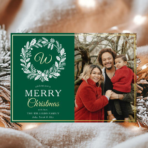 Carte De Vœux En Aluminium Monogram Green Wreath Joyeux Noël Photo