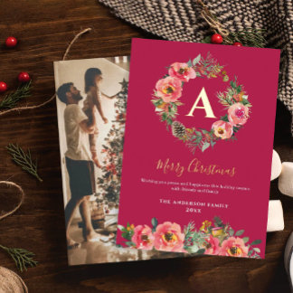 Carte De Vœux En Aluminium Monogram Photo Red Botanical Wreath Christmas