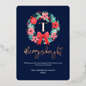 Carte De Vœux En Aluminium Monogram Red Bow Wreath Blue Christmas  (Recto)