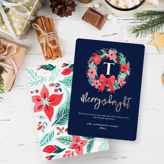 Carte De Vœux En Aluminium Monogram Red Bow Wreath Blue Christmas