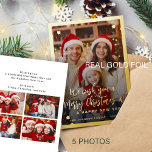 Carte De Vœux En Aluminium Montage photo moderne rouge 5 Joyeux Noël<br><div class="desc">Simple minimaliste stylisé cinq photos de famille personnalisées "Joyeux Noël et une bonne année" (changeable) typographie texte superposer le modèle de la carte de vacances de Noël avec un vrai cadre en feuille d'or et des flocons de neige. Facile à personnaliser avec vos images, texte, signature de nom et souhaits...</div>