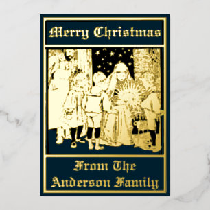 Carte De Vœux En Aluminium Nativité et enfants de Noël vintage 1896