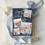 Carte De Vœux En Aluminium Naturellement Joyeux | Christmas Photo Collage<br><div class="desc">Notre magnifique carte photo de vacances rustique chic dispose de quatre de vos photos de famille de carrés préférées dans une mise en page collage. "Happy Holidays" apparaît en haut à la main lettrée en feuille d'argent typographie sur un arrière - plan de la marine accentué avec le feuillage botanique...</div>