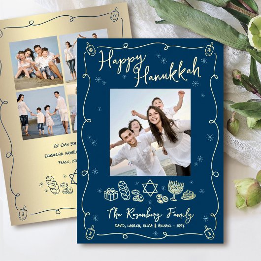 Carte De Vœux En Aluminium Navy Hanukkah 5 Photo Hand Drawn Doodles Real Gold