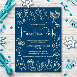 Carte De Vœux En Aluminium Navy Hanukkah Dessins à la Main Doodles Fête Or Ré