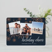 Carte De Vœux En Aluminium Neige dorée | Snowflake Photo Collage Rose Gold (Debout devant)