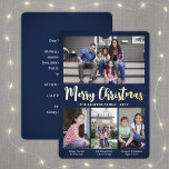 Carte De Vœux En Aluminium N'Importe Quel Texte 4 Photo Collage Marine Bleu N<br><div class="desc">Envoyez des salutations joyeuses et partagez vos photos préférées avec une carte de vacances personnalisée quatre photo collage bleu marine et feuille d'or. Tout le texte sur ce modèle est simple à customiser pour inclure n'importe quel libellé, comme Joyeux Noël, Joyeux Fêtes, Joyeuses Fêtes, Bonne Année, Soirée de voeux, etc....</div>
