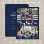 Carte De Vœux En Aluminium N'Importe Quel Texte Navy Blue 4 Photo Collage Scr<br><div class="desc">Envoyez des salutations joyeuses et partagez vos photos préférées avec une carte de vacances personnalisée quatre photo collage bleu marine et rose feuille d'or. Tout le texte sur ce modèle est simple à customiser pour inclure n'importe quel libellé, comme Joyeux Noël, Joyeux Fêtes, Joyeuses Fêtes, Bonne Année, Soirée de voeux,...</div>