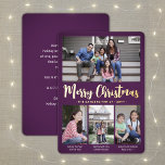 Carte De Vœux En Aluminium N'Importe Quel Texte Purple 4 Photo Collage Script<br><div class="desc">Envoyez des salutations joyeuses et partagez vos photos préférées avec une carte de vacances personnalisée quatre photos collage violet et feuille d'or. Tout le texte sur ce modèle est simple à customiser pour inclure n'importe quel libellé, comme Joyeux Noël, Joyeux Fêtes, Joyeuses Fêtes, Bonne Année, Soirée de voeux, etc. (IMAGE...</div>