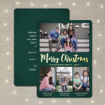 Carte De Vœux En Aluminium N'Importe Quel Texte Vert 4 Photo Collage Script d<br><div class="desc">Envoyez des salutations joyeuses et partagez vos photos préférées avec une carte de vacances personnalisée quatre photos collage vert et feuille d'or. Tout le texte sur ce modèle est simple à customiser pour inclure n'importe quel libellé, comme Joyeux Noël, Joyeux Fêtes, Joyeuses Fêtes, Bonne Année, Soirée de voeux, etc. (IMAGE...</div>