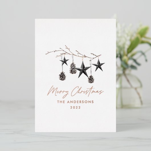 Carte De Vœux En Aluminium Noël botanique moderne noir feuille métallique rée (Debout devant)