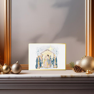 Carte De Vœux En Aluminium Noël de la nativité or et bleu