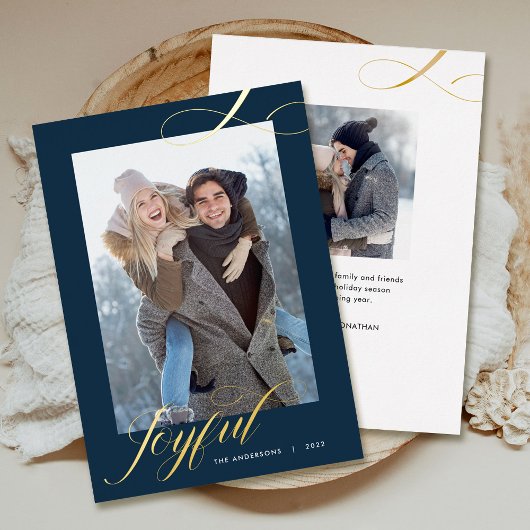 Carte De Vœux En Aluminium Noël Elegant Script Joyful Photo Gold