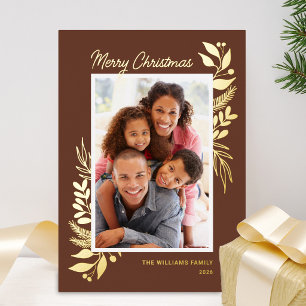 Carte De Vœux En Aluminium Noël Photo Or Brun Vert d'Hiver