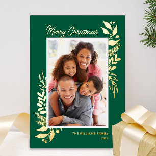 Carte De Vœux En Aluminium Noël Photo Vert Doré de la végétation hivernale
