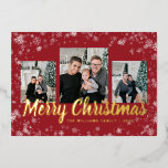 Carte De Vœux En Aluminium Noël rouge<br><div class="desc">Carte de vacances Red Christmas Foil. Cette élégante carte postale Joyeux Noël présente un cadre festif recouvert de flocons de neige blancs avec une véritable feuille d'or sur un arrière - plan rouge avec un montage photo de 3 images. Le dos comprend une 4ème photo et un texte supplémentaire pour...</div>