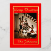 Carte De Vœux En Aluminium Noël Rouge & Or Simple Photo Moderne (Recto)