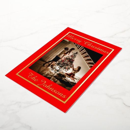 Carte De Vœux En Aluminium Noël Rouge & Or Simple Photo Moderne (Rotation)