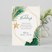 Carte De Vœux En Aluminium Noël tropical plage palmier vert et or (Debout devant)